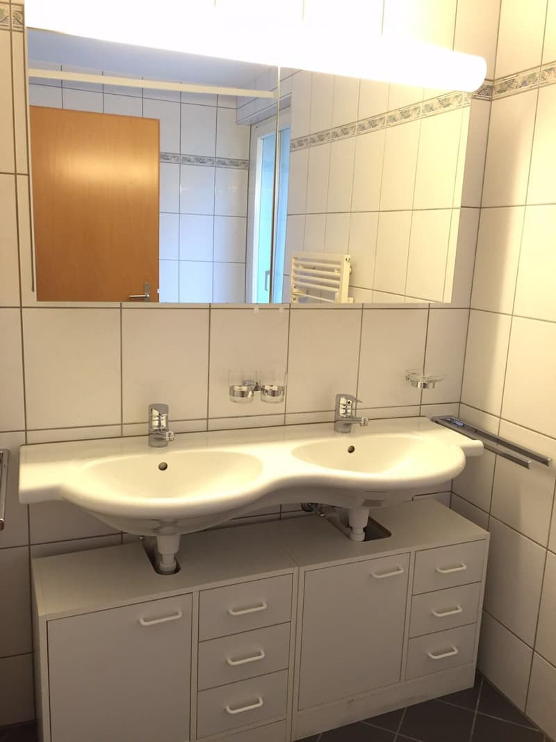 Modern bathroom with a double sink, mirrored cabinet, and tiled walls.