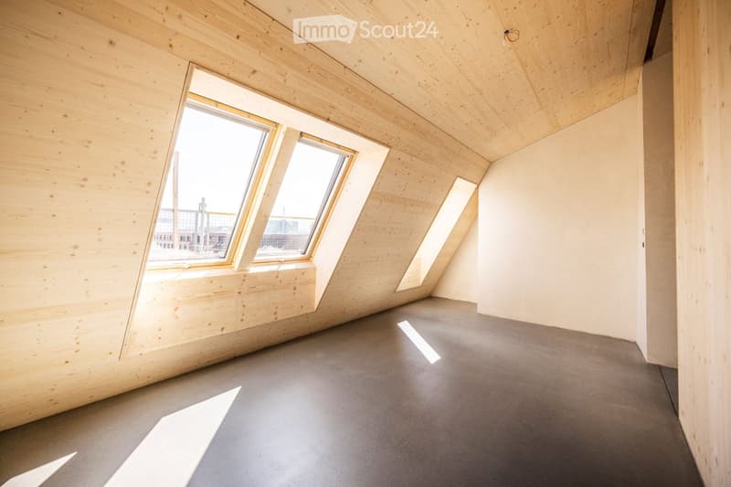 An empty attic room with wooden walls and ceiling, large skylight windows, and a concrete floor.
