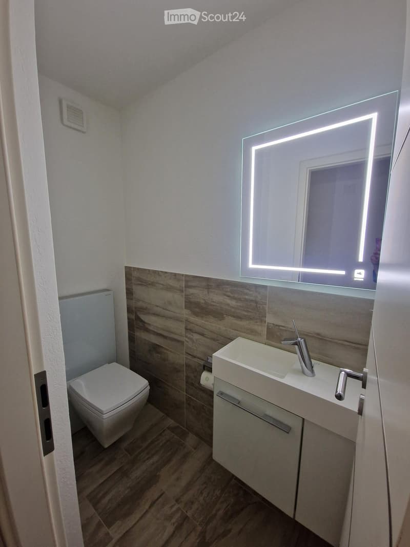 Modern bathroom with a white toilet, a white sink with a chrome faucet, and a large illuminated mirror above the sink. The walls are tiled with a combination of light and dark tiles, and the floor is made of wood.