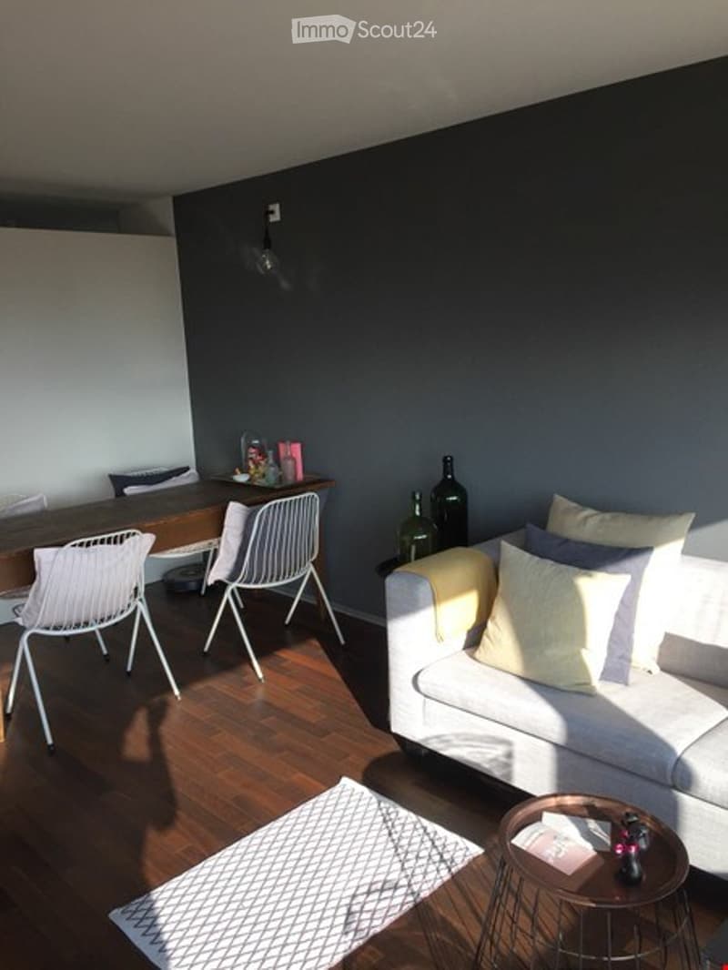 Modern living room with a grey sofa, white throw pillows, a coffee table, a dining table with chairs, and decorative items on the table.