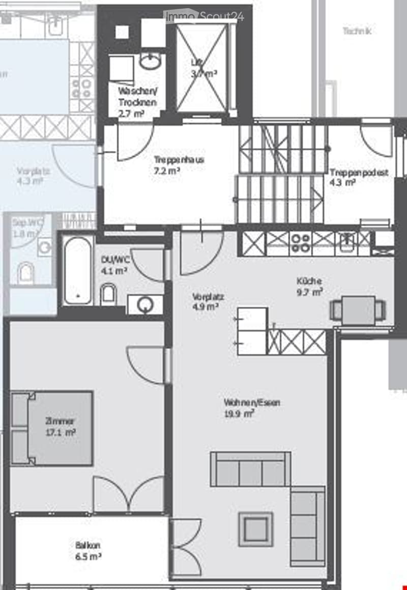 Floor plan of a 3-room apartment with a kitchen, living room, bedroom, and bathroom.
