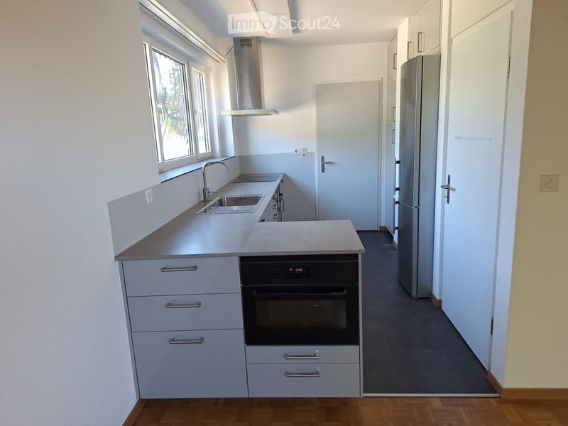 Modern kitchen with light grey cabinets, a sink with a faucet, an oven, and a refrigerator. The space features large windows and a clean, minimalist design.