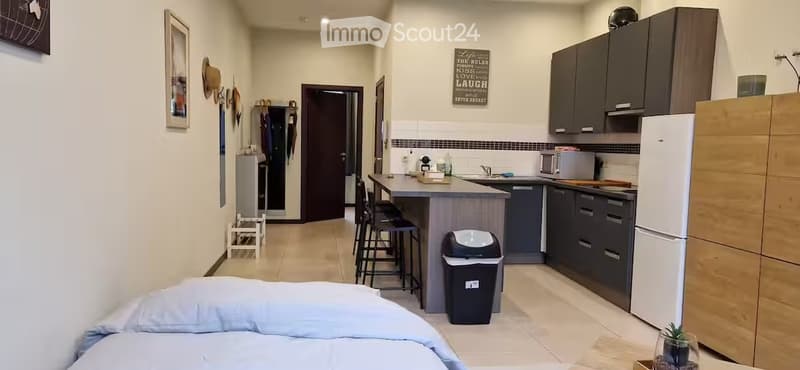 A compact studio apartment featuring a bed, a kitchen island with stools, a refrigerator, microwave, and cabinets. The space includes a coat rack, a picture frame, and a small plant on a table.