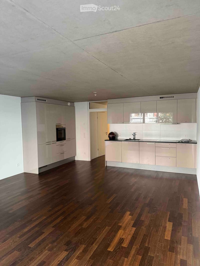 Modern kitchen with light-colored cabinets, dark wooden flooring, and a sink with a faucet. An oven is visible on the left side, and a small decorative ball sits on the counter.