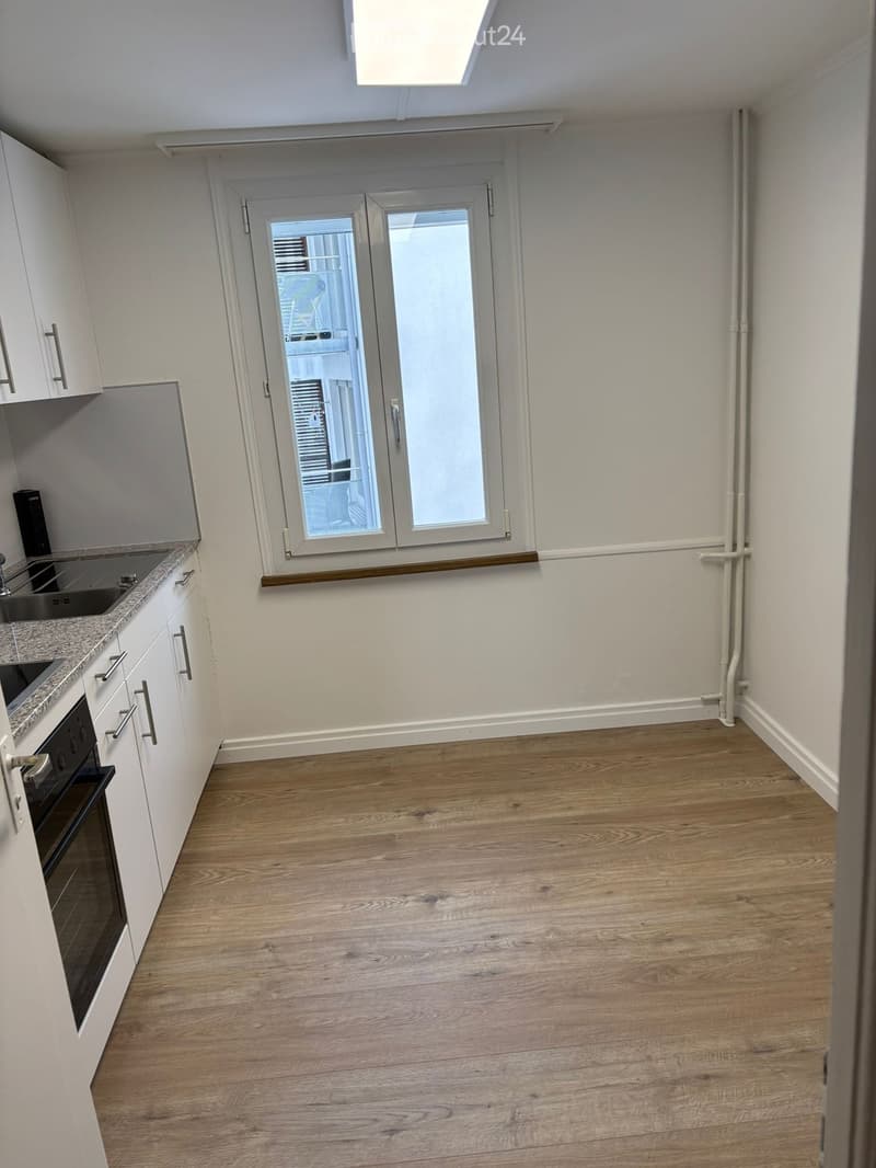 modern, wooden floor, white walls, white cabinets, granite sink, window with a view