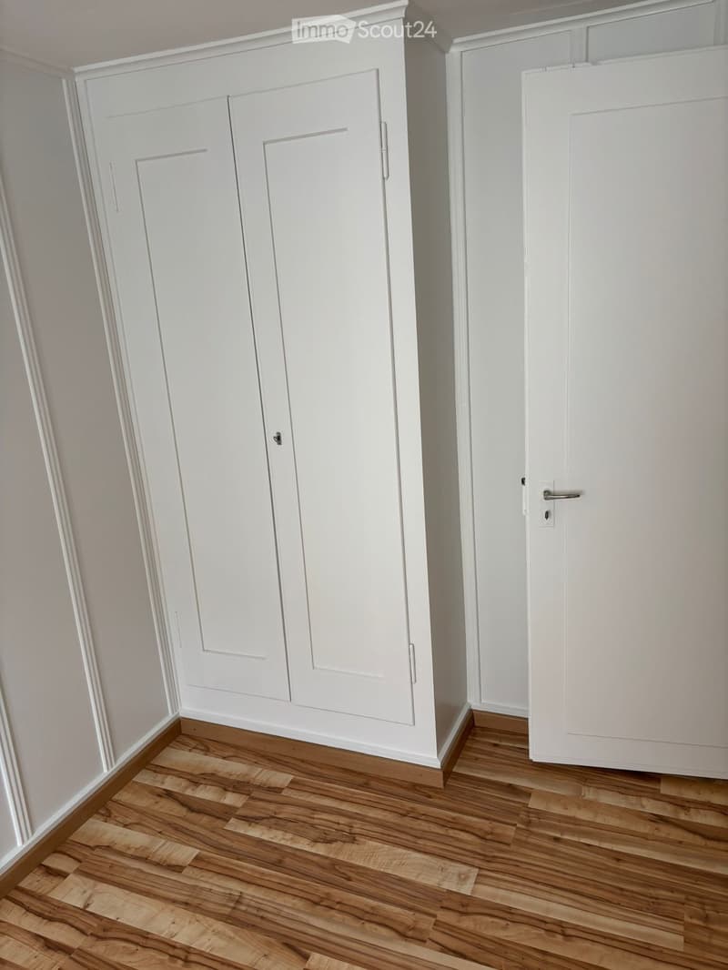 empty room with white walls, white door, wooden floor, large double closet