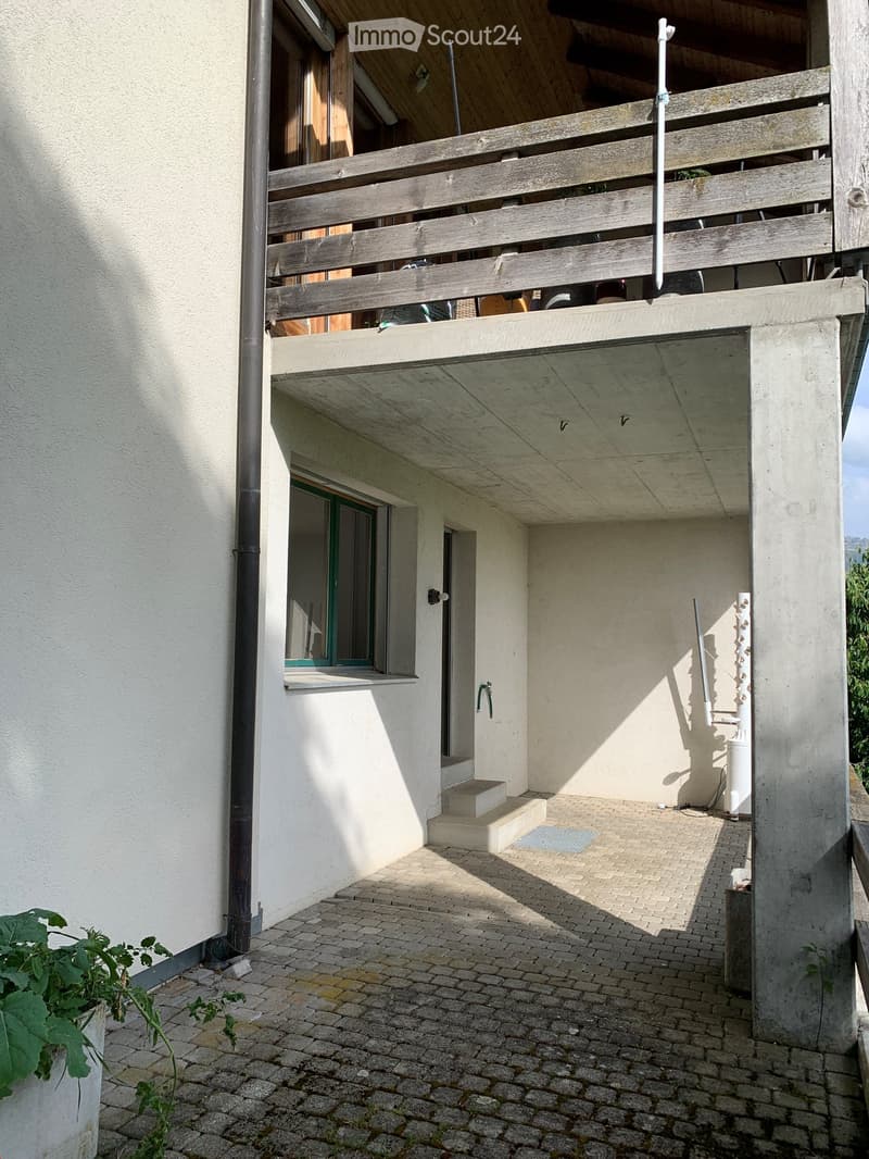 Balcony area with wooden railing, concrete steps leading up, and a small potted plant visible on the left side.