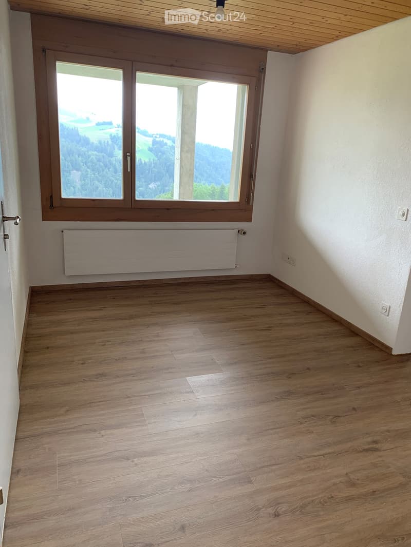 Empty room with wooden flooring, white walls, large window with scenic view, radiator, and wooden ceiling.