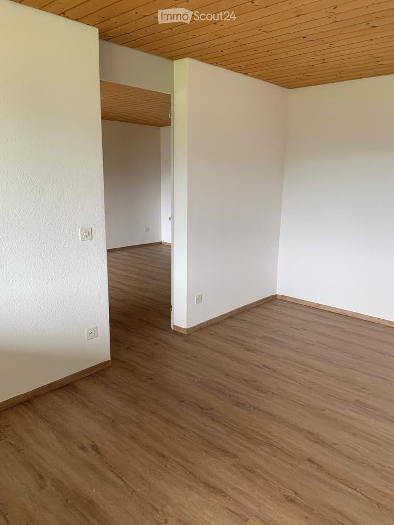 Empty room with light wooden flooring and white walls, featuring a wooden ceiling and visible electrical outlets.