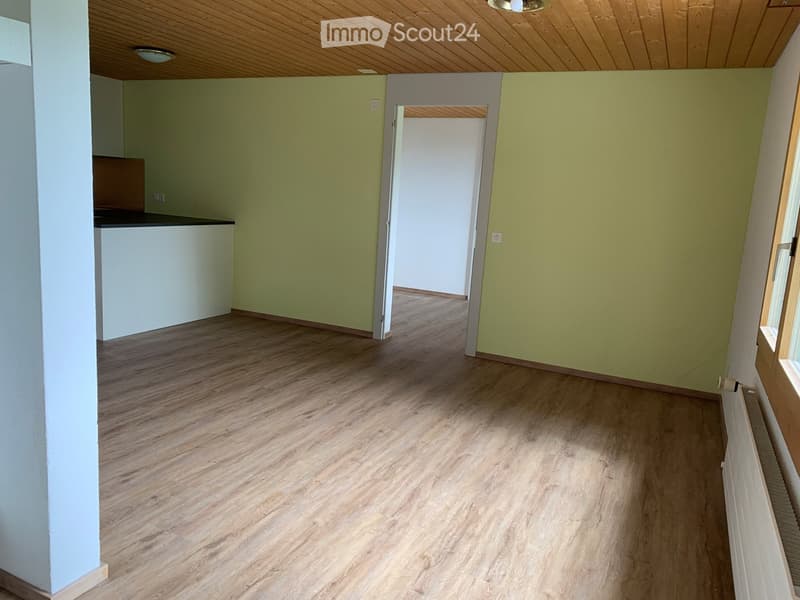Empty room with light green walls, wooden flooring, and a small kitchen area visible in the background. No furniture or personal items are present.