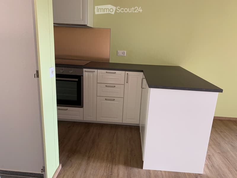 Modern kitchen with white cabinets, dark countertop, and built-in oven. Light green walls and wooden flooring.