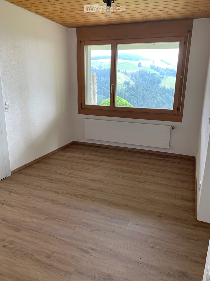 Empty room with wooden flooring, white walls, large window with scenic view, radiator, and wooden ceiling.