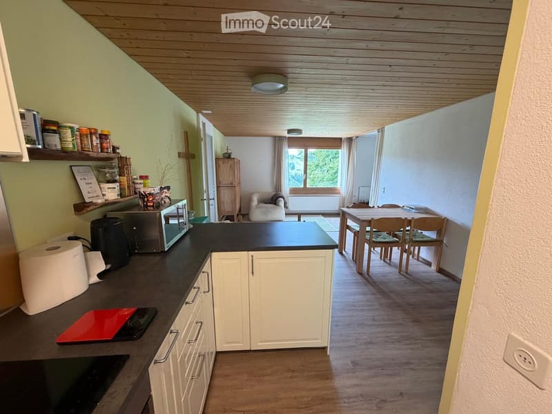 Open-plan kitchen and living area with white cabinets, black countertop, microwave, dining table with chairs, and a small sofa in the living area.
