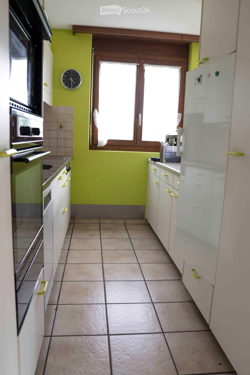 modern kitchen, green walls, white cabinets, stainless steel appliances, tiled floor, large window with white curtains