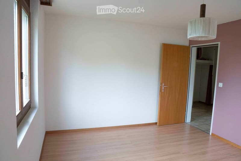 empty room, white walls, wooden floor, closed door, closet behind the door, window, ceiling light