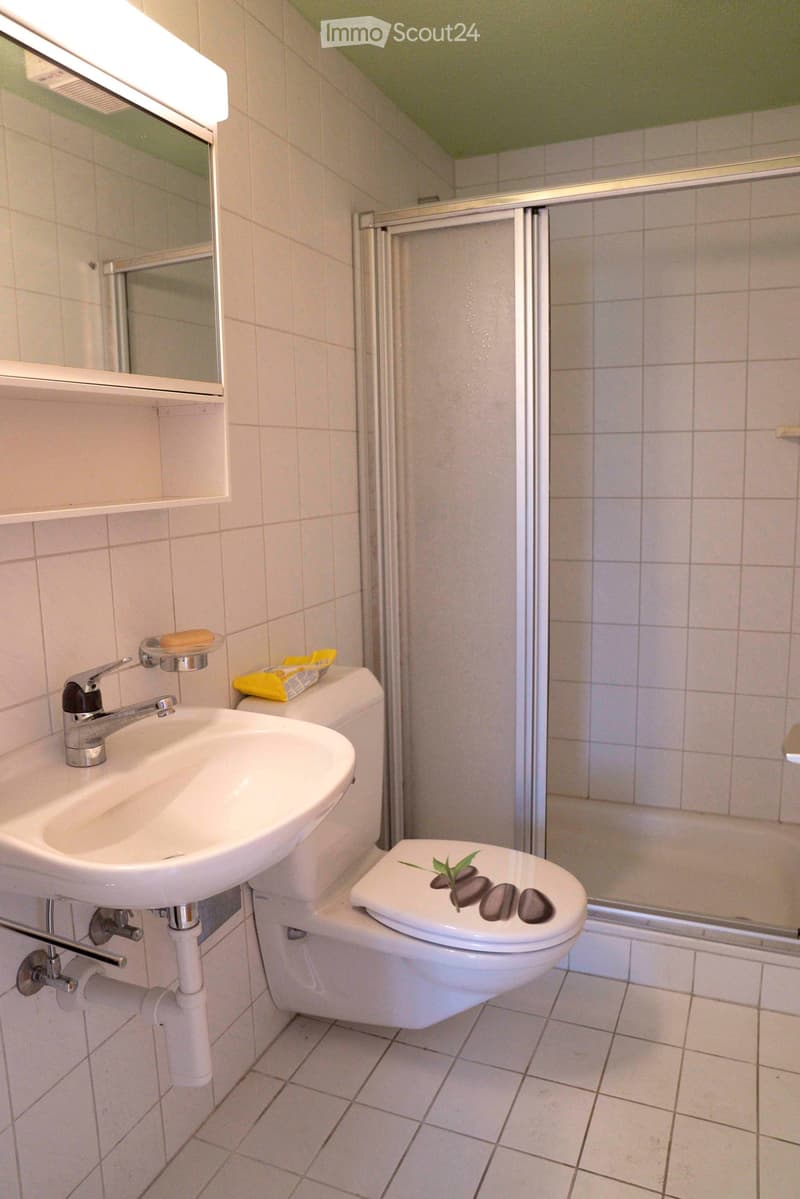 Bathroom with toilet, sink, and shower. The walls and floor are white-tiled.