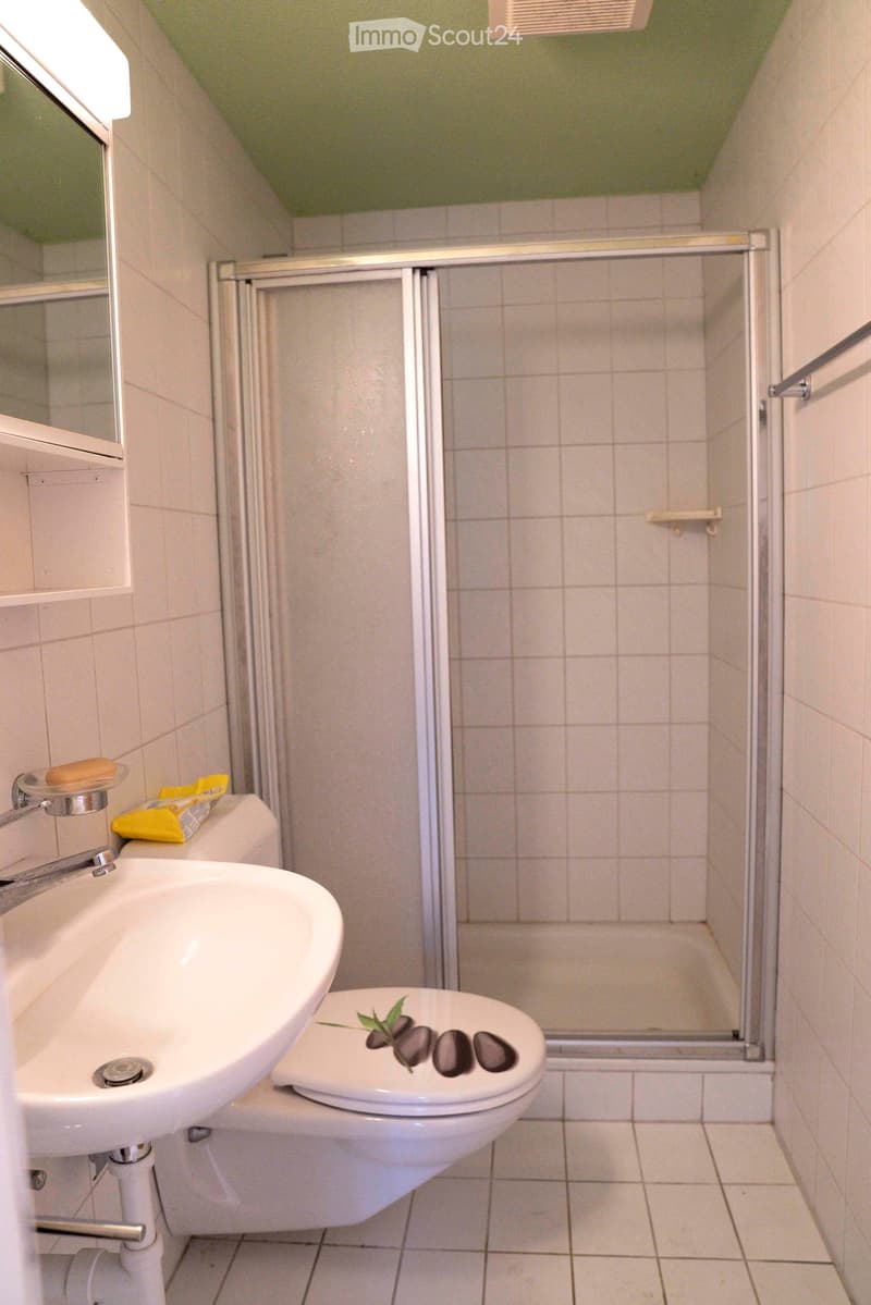 Small bathroom with white tiles, toilet, shower cubicle, sink, mirror, white floor, green ceiling