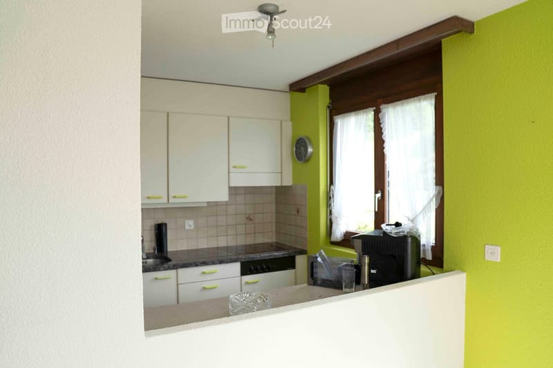 The interior of a kitchen with green and white walls, a countertop, cabinets, a sink, a window with white curtains, and kitchen appliances