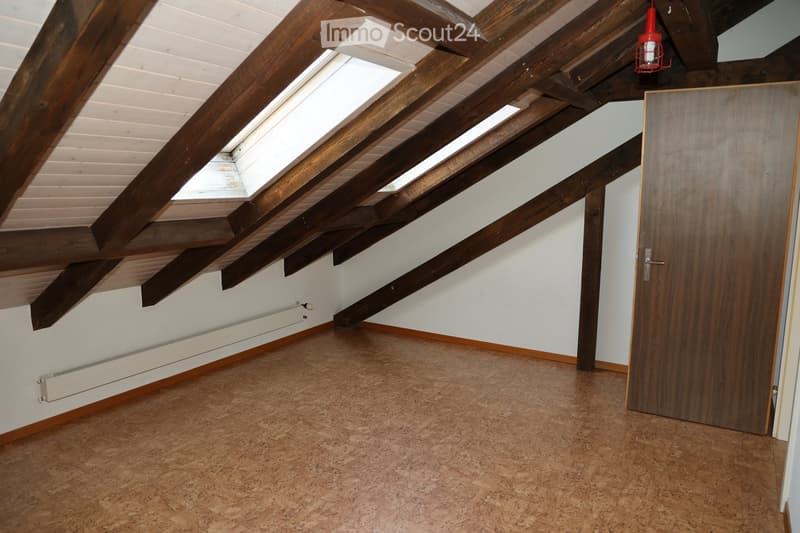 Empty attic space with exposed wooden beams, skylights, and a wooden door.