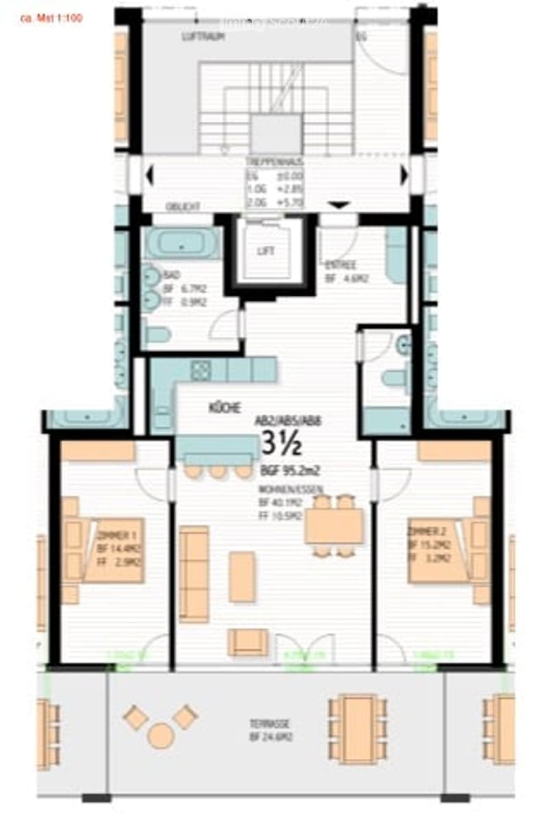 Floor plan of a 3.5-room apartment with living room, kitchen, bedroom, and bathroom. Includes dimensions and room labels.