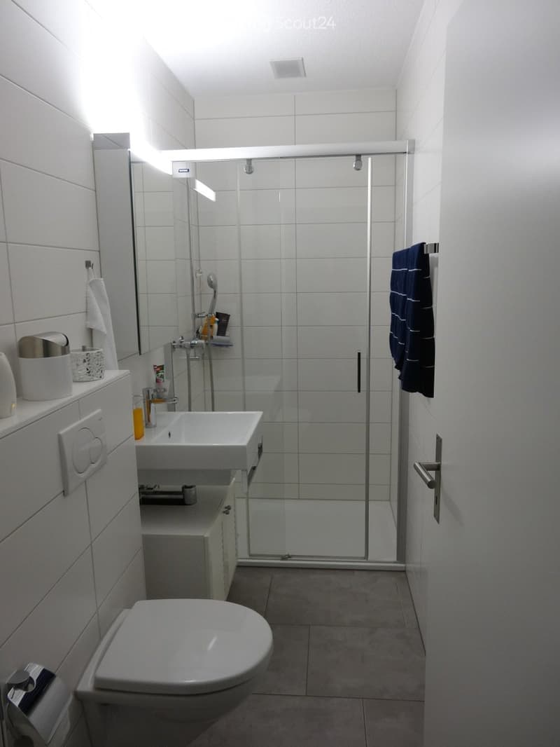 Modern bathroom with white tiles, a glass-enclosed shower, a toilet, a sink with a mirror, and a towel hanging on the wall.