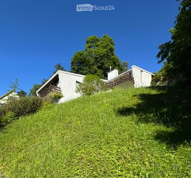 Modern two-story house with white walls, large windows, and a raised ground floor on a grassy slope.