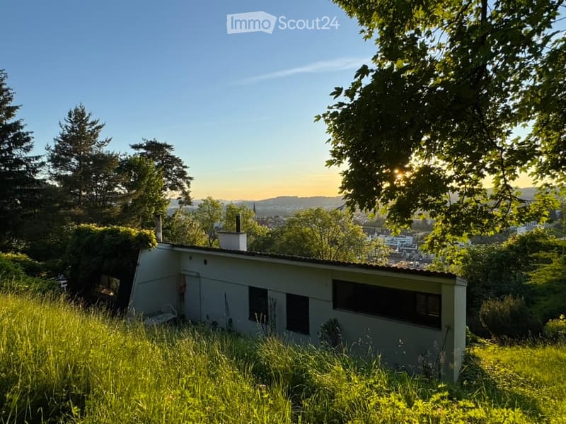 A small, single-story house with a flat roof and large windows, situated on a grassy hillside with trees and a panoramic city view in the background.