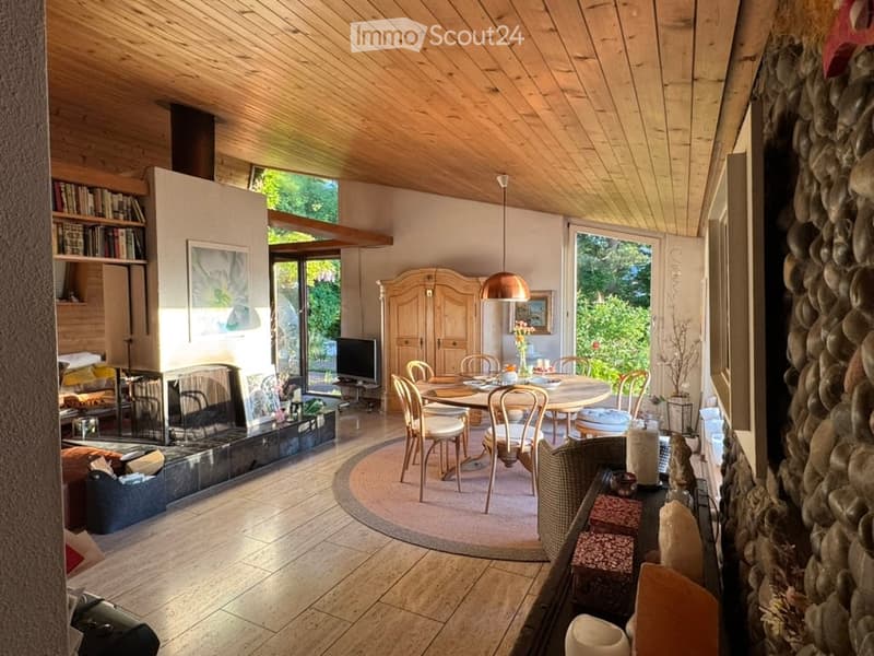 Open-plan living and dining area with wooden ceilings, fireplace, large windows, dining table with chairs, bookshelf, and television.