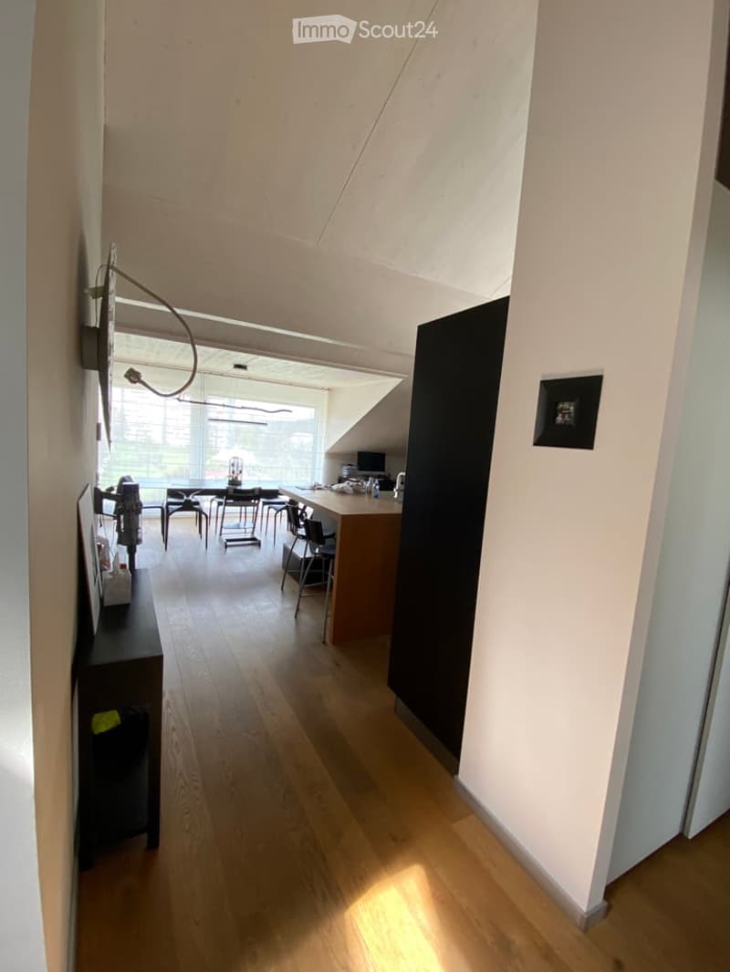 wooden floors, white walls, open space, kitchen with counter, dining table and chairs, office chair, window, ceiling lamp