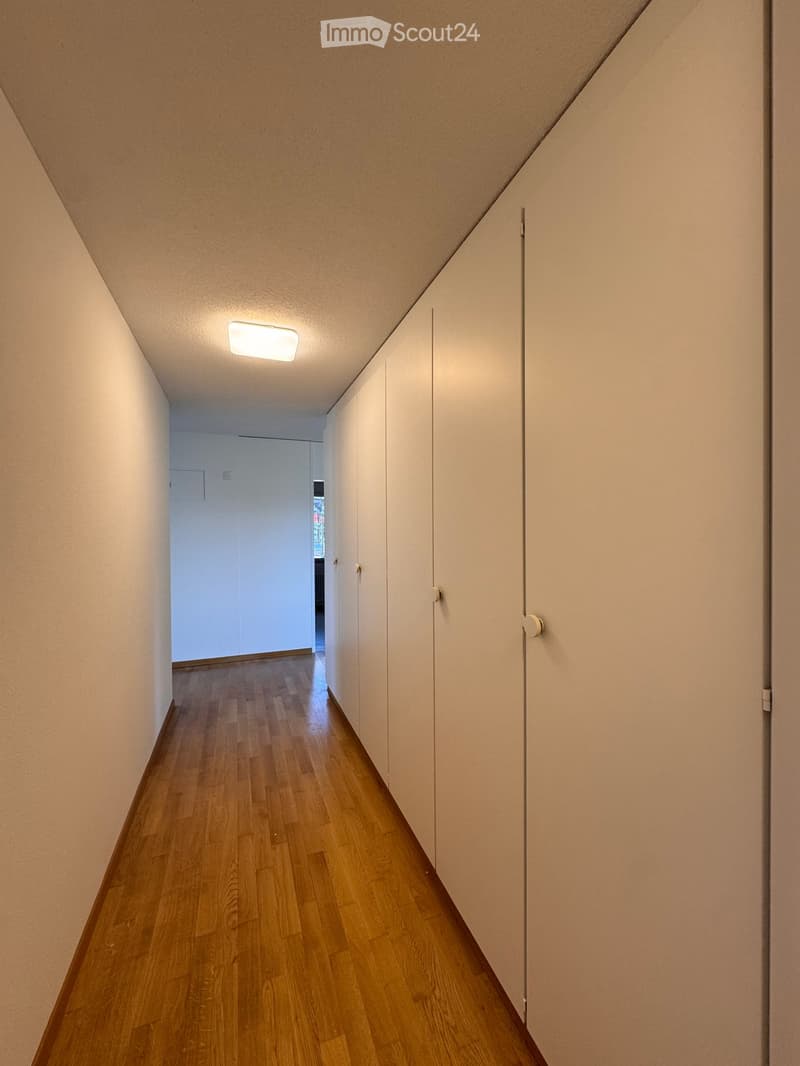 A narrow hallway with wooden flooring, white walls, and built-in white cabinets on one side. A single ceiling light illuminates the space.
