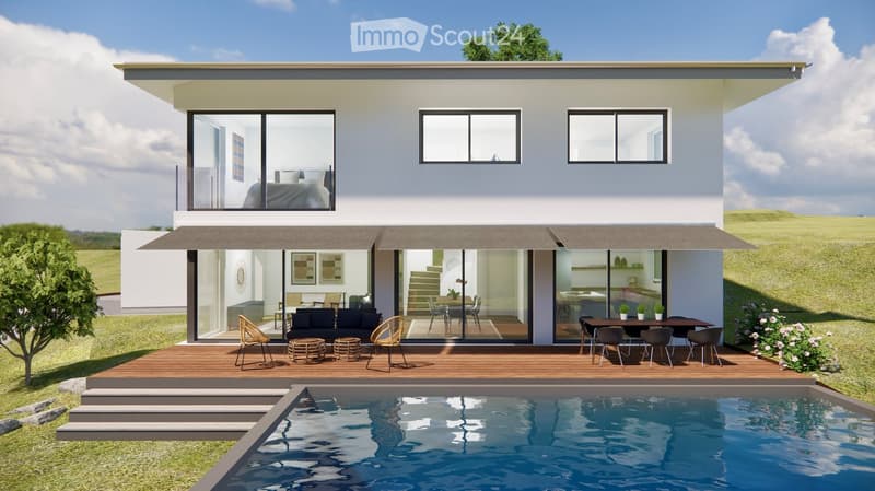 Modern two-story house with large windows, a spacious wooden deck, outdoor seating, and a swimming pool.