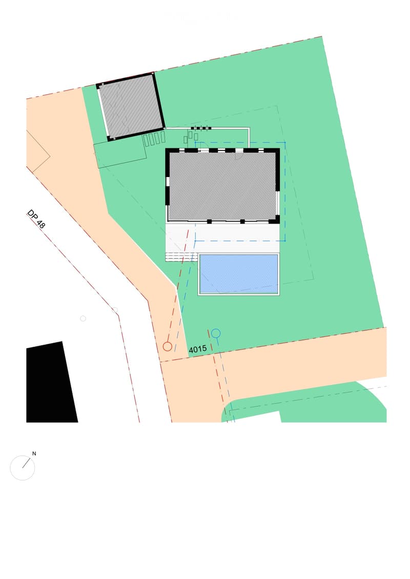 Floor plan of a residential property showing a main building with multiple rooms, a swimming pool, and surrounding outdoor areas.