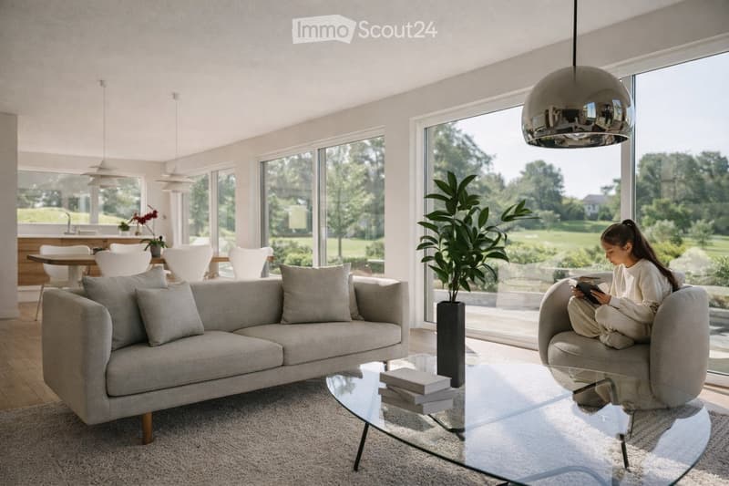 Modern living room with large windows, grey sofa, glass coffee table, pendant light, and a dining area with white chairs and a wooden table.