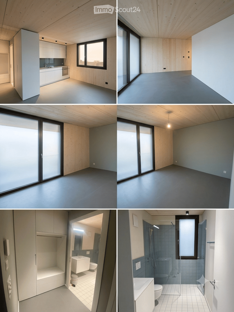 Four images showing unfurnished rooms with modern design, including a kitchen, living space, and bathrooms, all featuring clean lines, natural wood finishes, and large windows.