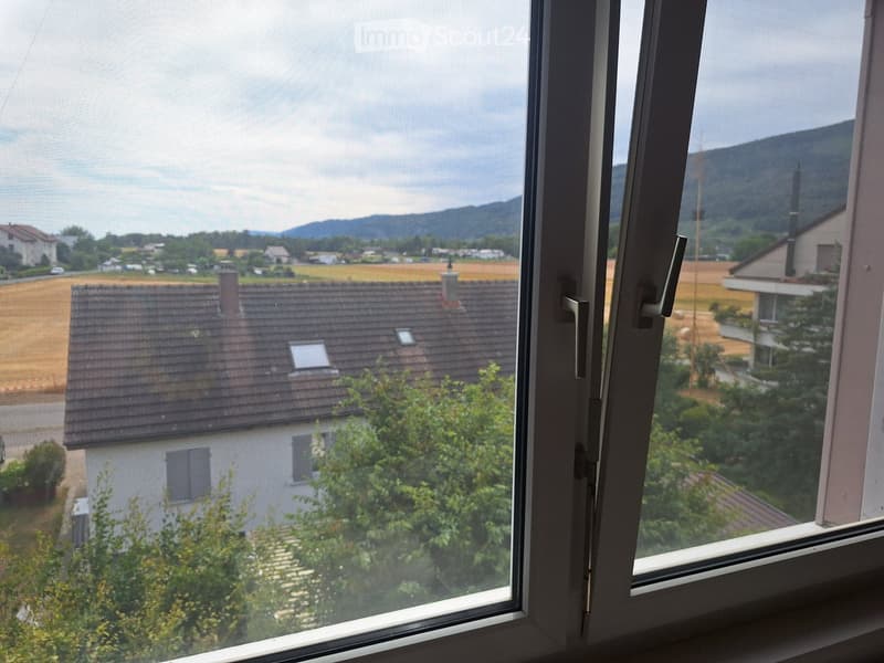 View from a window showing a rural landscape with houses, fields, and distant mountains.