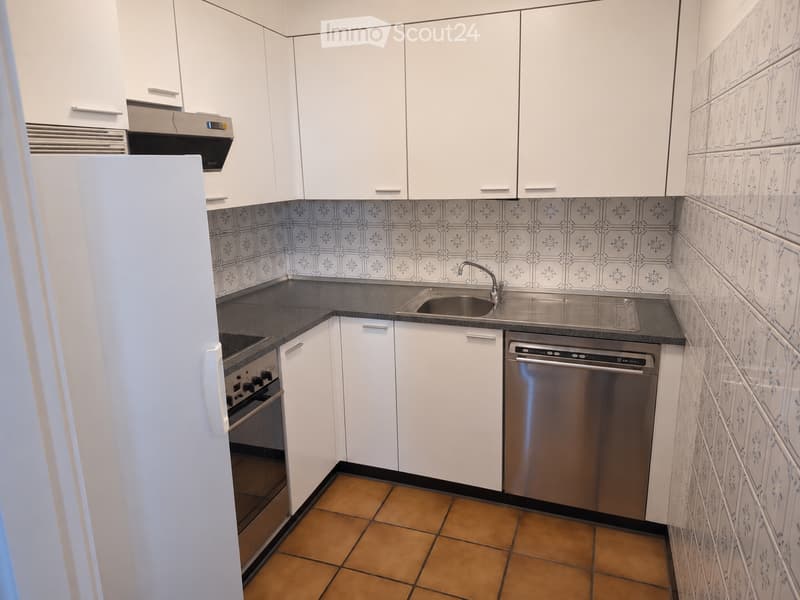 Modern kitchen with white cabinets, stainless steel appliances, and patterned tiles. Features a refrigerator, oven, dishwasher, sink, and faucet.