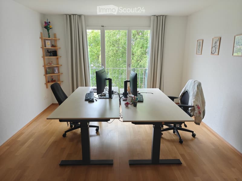 Modern office space with two large desks, ergonomic chairs, dual monitors, keyboards, and a wooden shelf with decorative items.