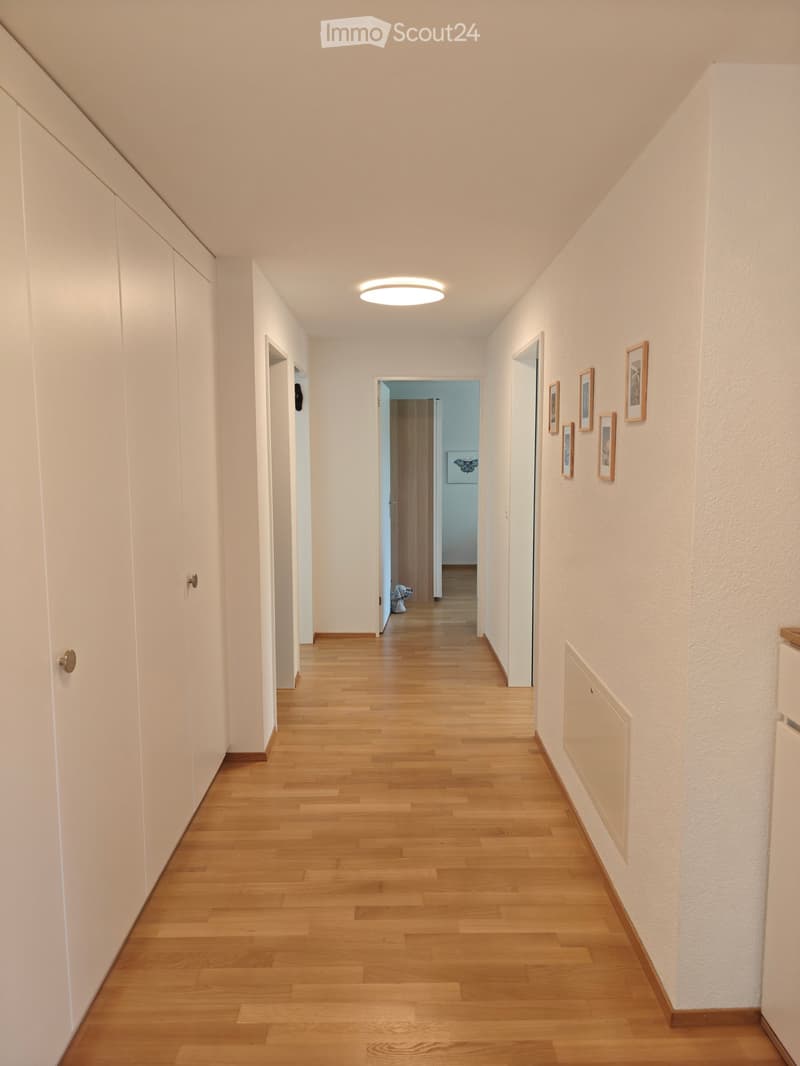 Clean, modern hallway with light wooden flooring, white walls, and several framed pictures on one side. A round ceiling light illuminates the space, and there are closed white cabinets on the left side.