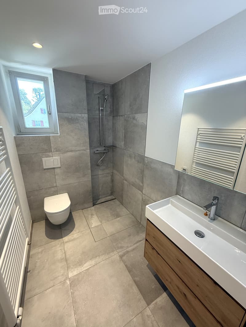 Modern bathroom with grey tiled walls, a toilet, a sink with a wooden cabinet, a shower area, and a window offering a view.