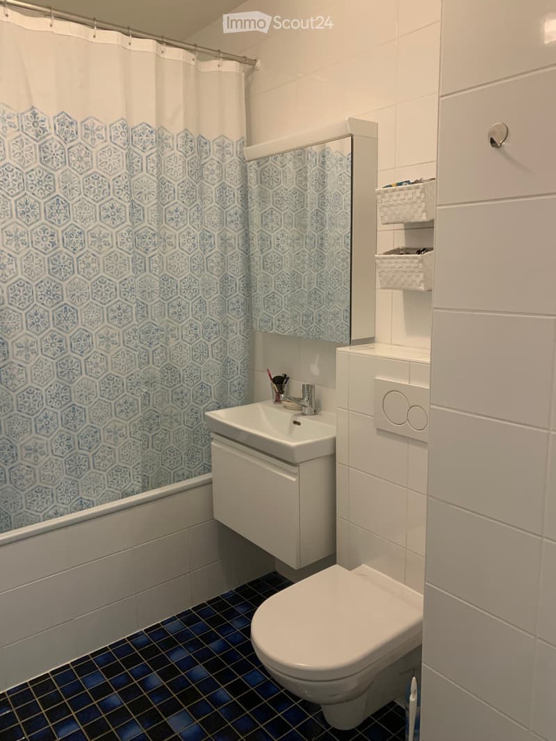 Modern bathroom with white tiles, blue hexagonal patterned shower curtain, white sink, toilet, and mirrored cabinet.