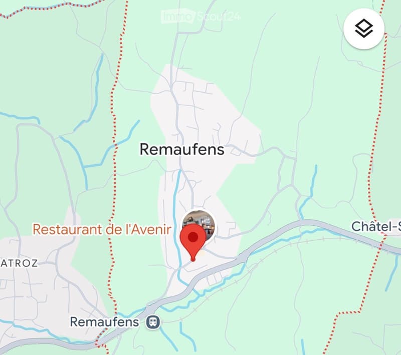 Map showing the location of a property in Remaufens, near Restaurant de l'Avenir and Châtel-Saint-Denis, with a train station nearby.