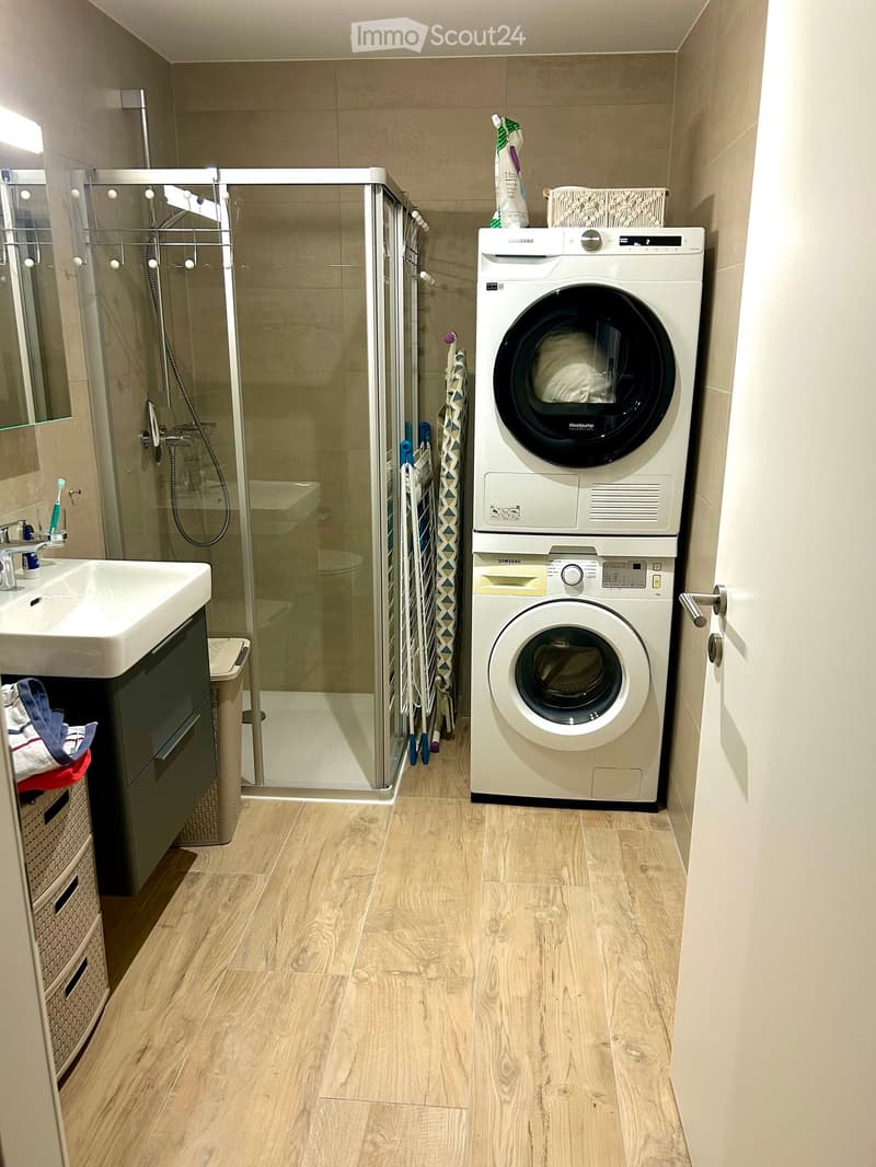 Modern bathroom with a sink, washing machine, dryer, and a glass-enclosed shower. Wooden flooring and beige walls.