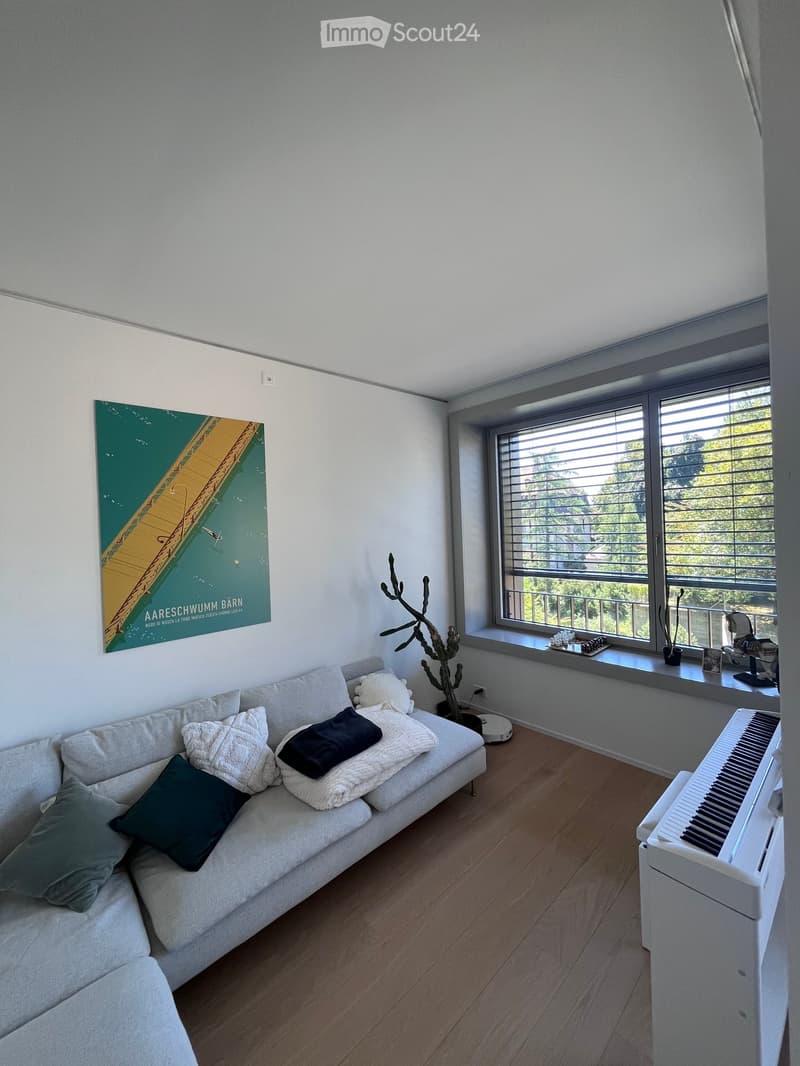 Modern living room with a grey sofa, piano, tree sculpture, and large windows with blinds. The room features a wooden floor and a colorful poster on the wall.
