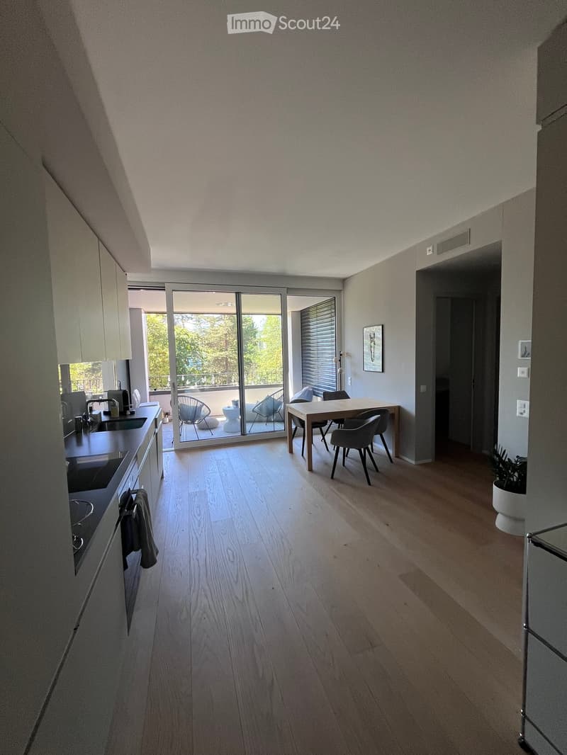 Open-plan living and dining area with light wood flooring, modern kitchen, dining table with chairs, and access to a balcony.