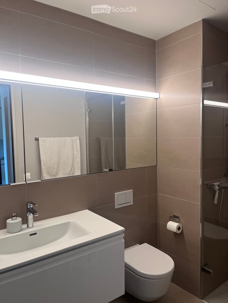 Modern bathroom with a white sink, chrome faucet, toilet, large mirror with built-in lighting, and a glass-enclosed shower area.