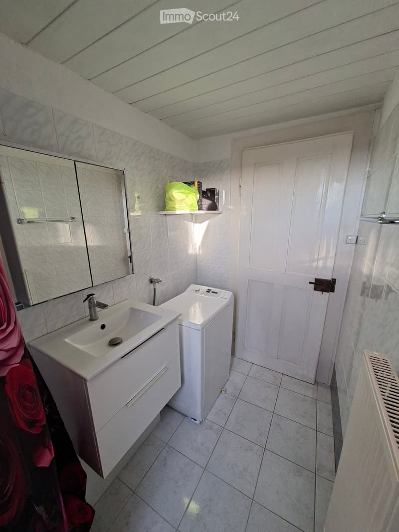 Bathroom with a white sink, washing machine, mirror, and a door leading to another room.