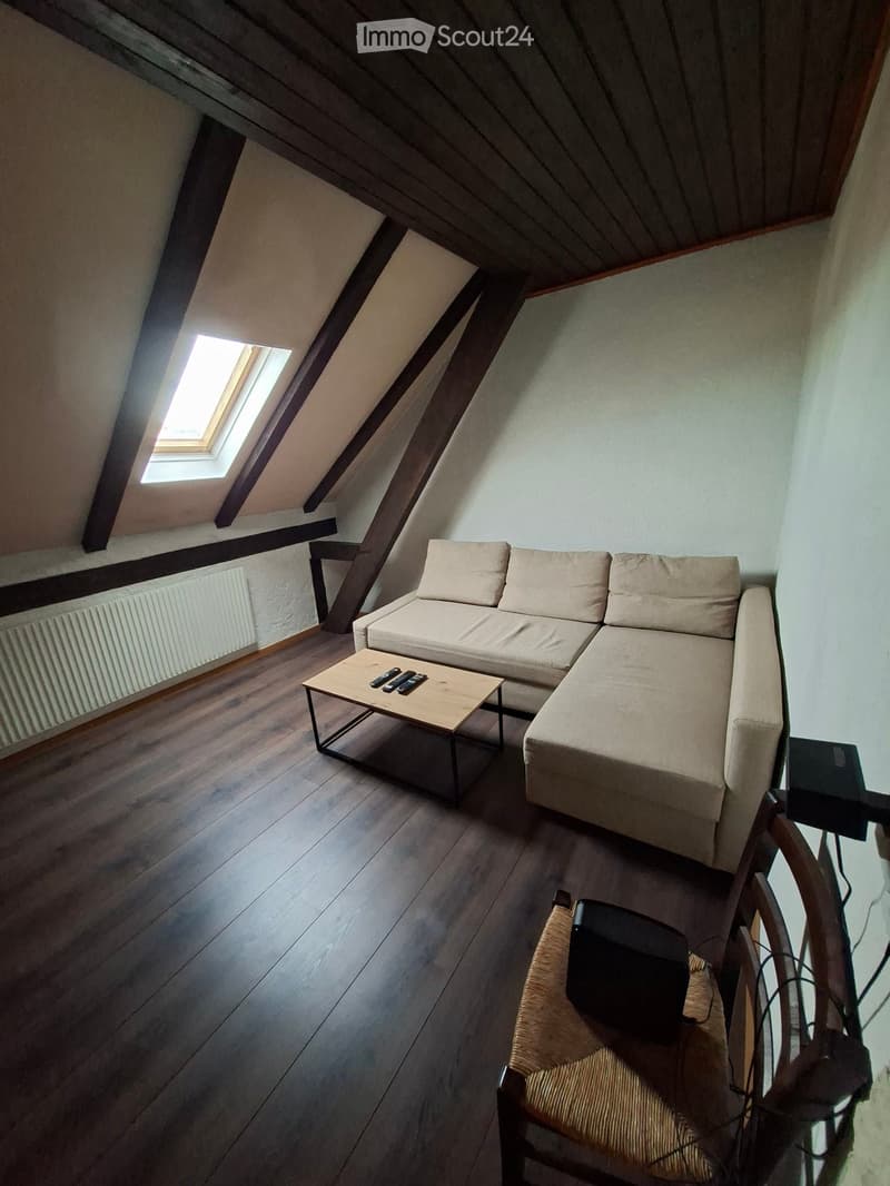 Attic living room with wooden floors, slanted wooden ceiling, skylight window, sofa, coffee table, and a wicker chair.