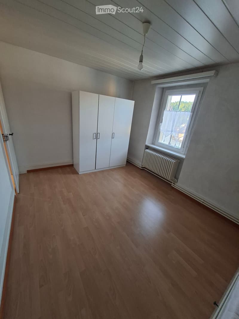 Empty room with wooden flooring, white walls, a window with a radiator below, and a white closet with double doors.