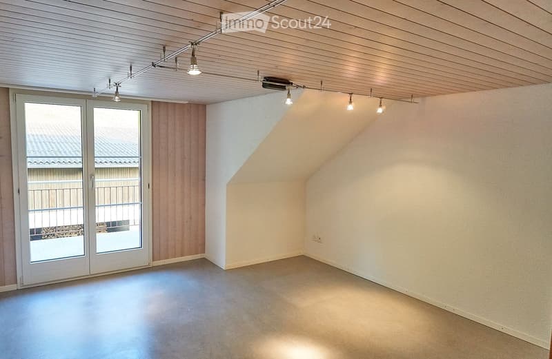 Empty room with wooden ceiling, recessed lighting, large sliding glass doors, and a slanted roofline.