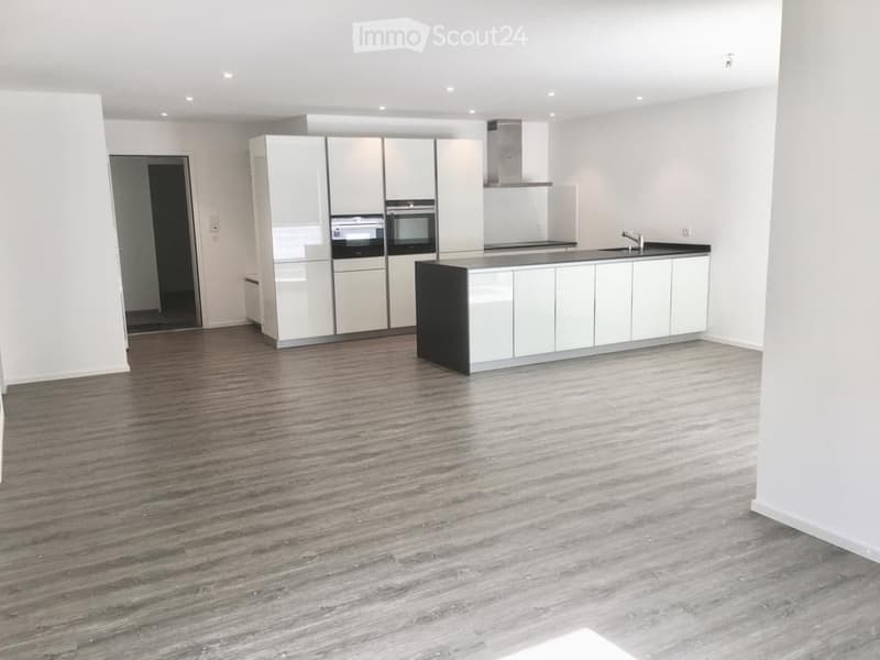 empty kitchen, gray laminate flooring, white walls, kitchen island with sink and faucet, built-in ovens and range hood, white cabinets